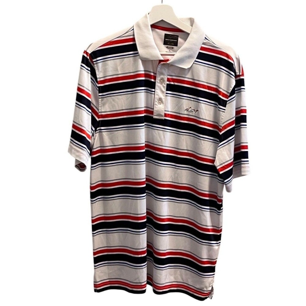 Greg Norman For Tasso Elba Mens L Polo Shirt Striped Red/White/Blue Polyester